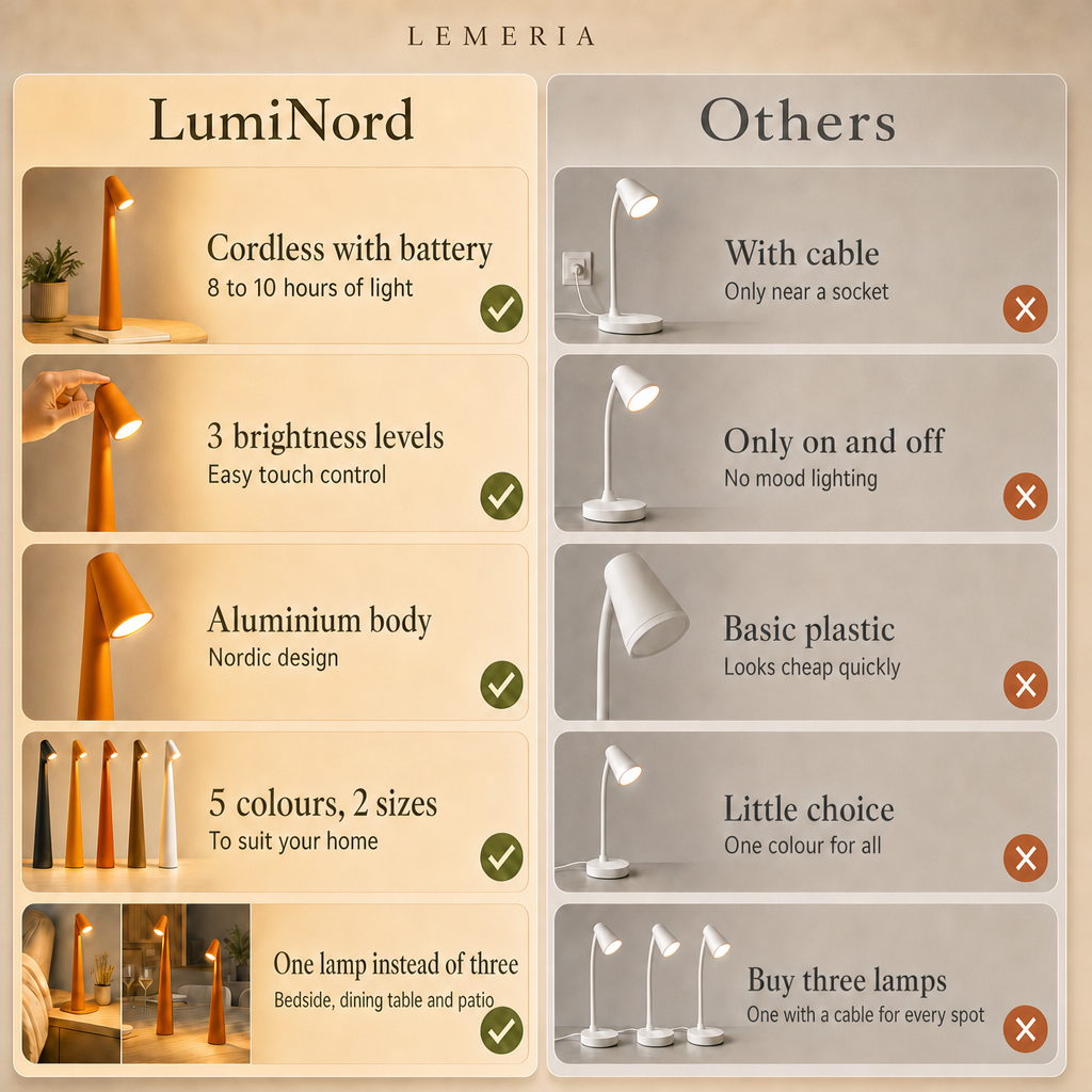 LumiNord vs others: orange cordless LED table lamp with battery, 3 brightness levels by touch, aluminium body, 5 colours and 2 sizes