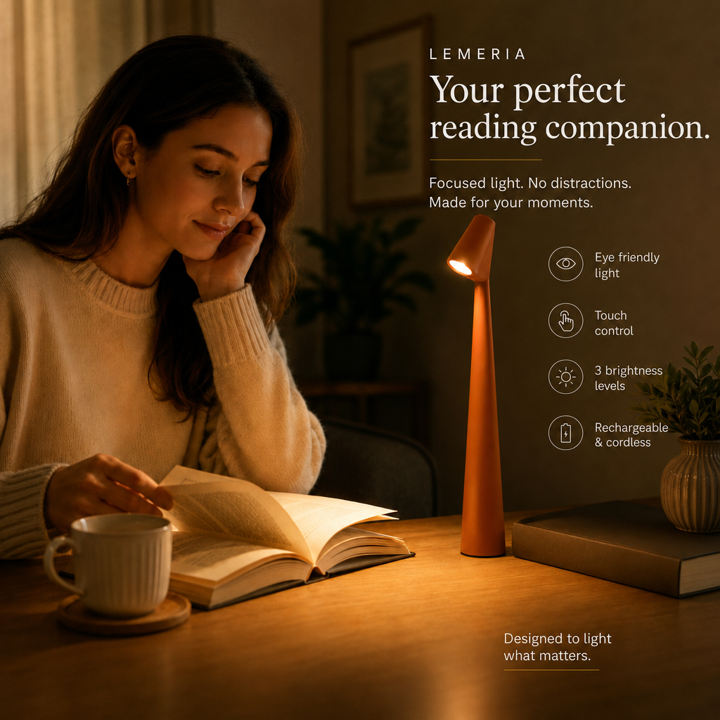 Young woman reading by the orange NordicEleganz cordless reading lamp