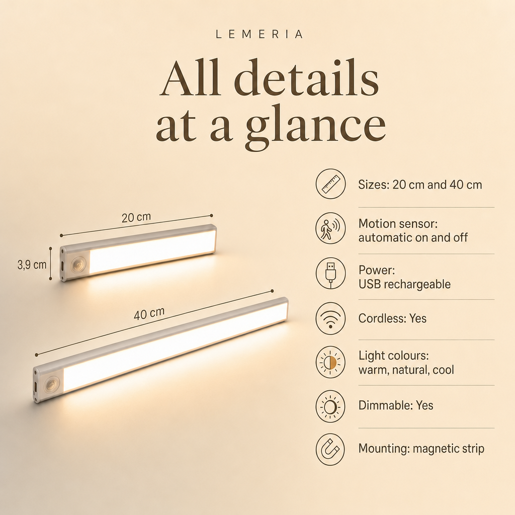 LazyStick specifications: 20 cm and 40 cm, motion sensor, USB rechargeable, dimmable, magnetic strip