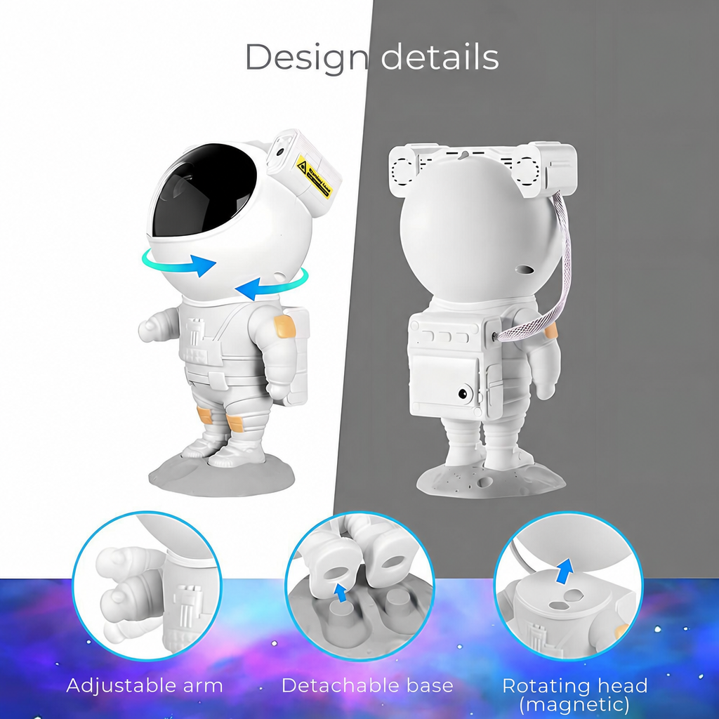 LED star projector Astronaut design details, adjustable arm, detachable base, rotating head