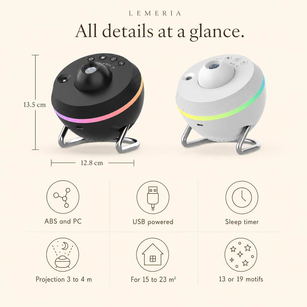 CosmoLight all details at a glance, 13.5 x 12.8 cm, USB powered, sleep timer, projection 3 to 4 m
