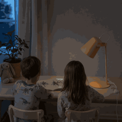 Children switch on the yellow Macaron desk lamp in the kids room