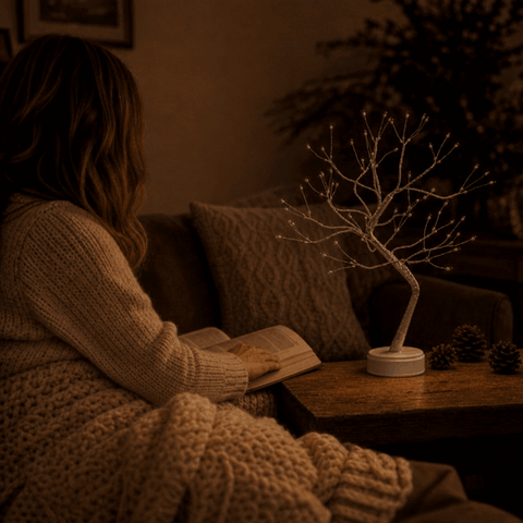 Woman switches on the cordless LED light tree table lamp on the sofa in the evening