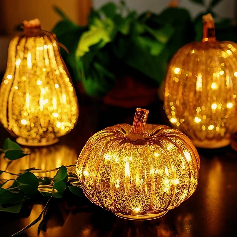 Hand-Blown Glass Pumpkin Lamp 'PumpLight' - Mercury Glass LED Table Light with Timer - Battery Operated