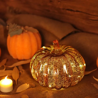 Hand-Blown Glass Pumpkin Lamp 'PumpLight' - Mercury Glass LED Table Light with Timer - Battery Operated