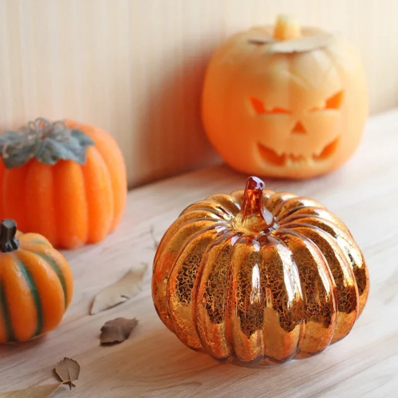Hand-Blown Glass Pumpkin Lamp 'PumpLight' - Mercury Glass LED Table Light with Timer - Battery Operated