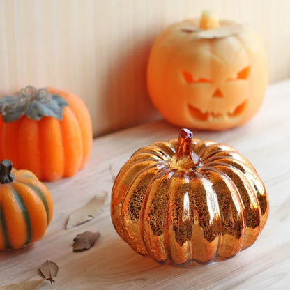 Hand-Blown Glass Pumpkin Lamp 'PumpLight' - Mercury Glass LED Table Light with Timer - Battery Operated