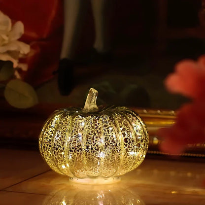 Hand-Blown Glass Pumpkin Lamp 'PumpLight' - Mercury Glass LED Table Light with Timer - Battery Operated