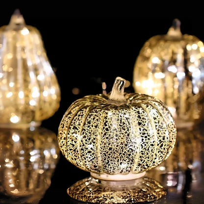 Hand-Blown Glass Pumpkin Lamp 'PumpLight' - Mercury Glass LED Table Light with Timer - Battery Operated