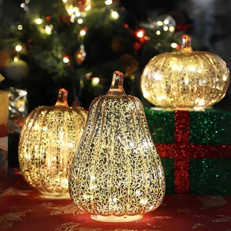 Hand-Blown Glass Pumpkin Lamp 'PumpLight' - Mercury Glass LED Table Light with Timer - Battery Operated