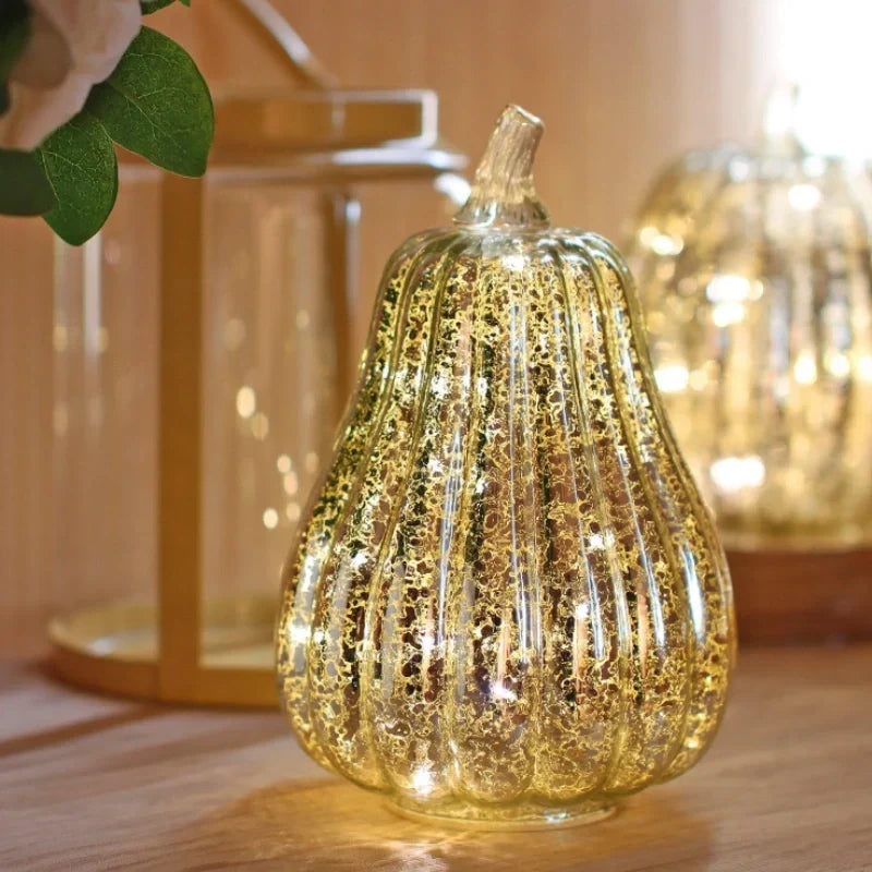 Hand-Blown Glass Pumpkin Lamp 'PumpLight' - Mercury Glass LED Table Light with Timer - Battery Operated