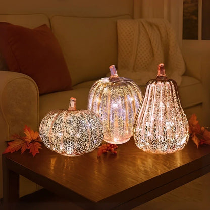 Hand-Blown Glass Pumpkin Lamp 'PumpLight' - Mercury Glass LED Table Light with Timer - Battery Operated