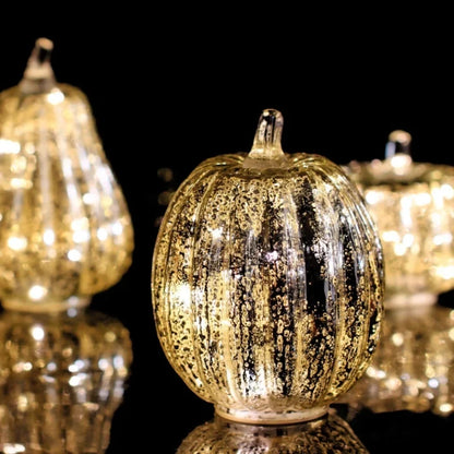 Hand-Blown Glass Pumpkin Lamp 'PumpLight' - Mercury Glass LED Table Light with Timer - Battery Operated