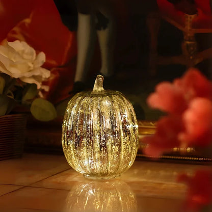 Hand-Blown Glass Pumpkin Lamp 'PumpLight' - Mercury Glass LED Table Light with Timer - Battery Operated