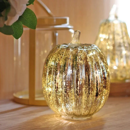 Hand-Blown Glass Pumpkin Lamp 'PumpLight' - Mercury Glass LED Table Light with Timer - Battery Operated