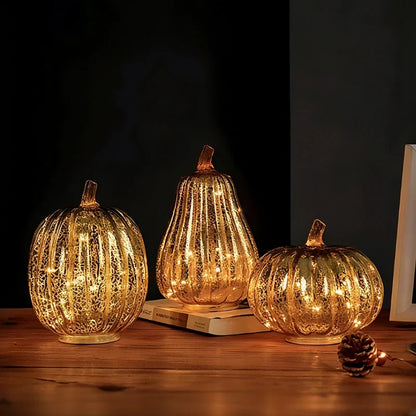 Hand-Blown Glass Pumpkin Lamp 'PumpLight' - Mercury Glass LED Table Light with Timer - Battery Operated