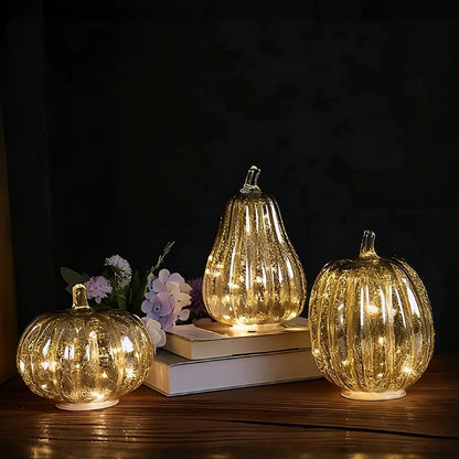 Hand-Blown Glass Pumpkin Lamp 'PumpLight' - Mercury Glass LED Table Light with Timer - Battery Operated