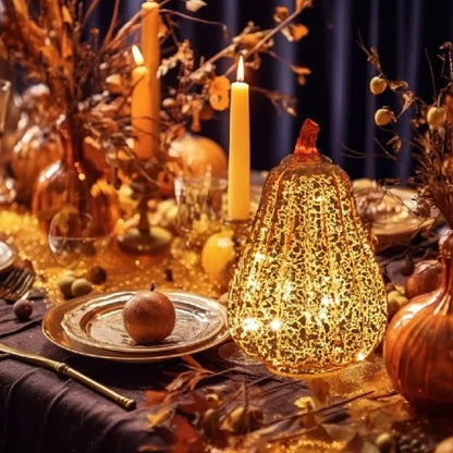 Hand-Blown Glass Pumpkin Lamp 'PumpLight' - Mercury Glass LED Table Light with Timer - Battery Operated