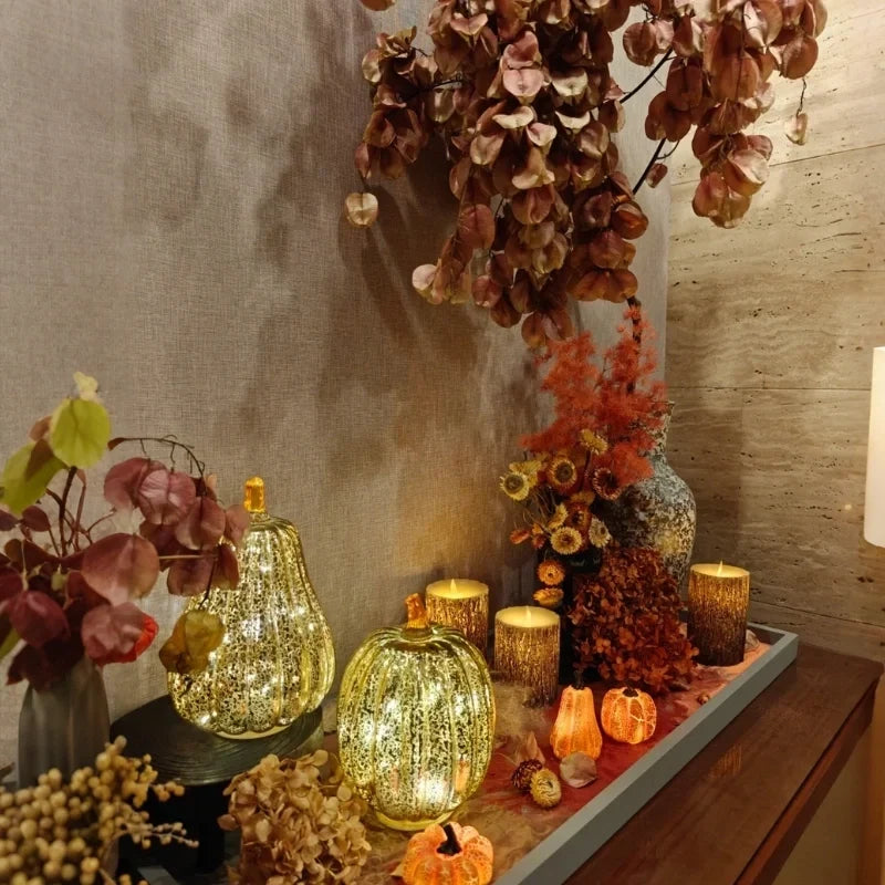 Hand-Blown Glass Pumpkin Lamp 'PumpLight' - Mercury Glass LED Table Light with Timer - Battery Operated
