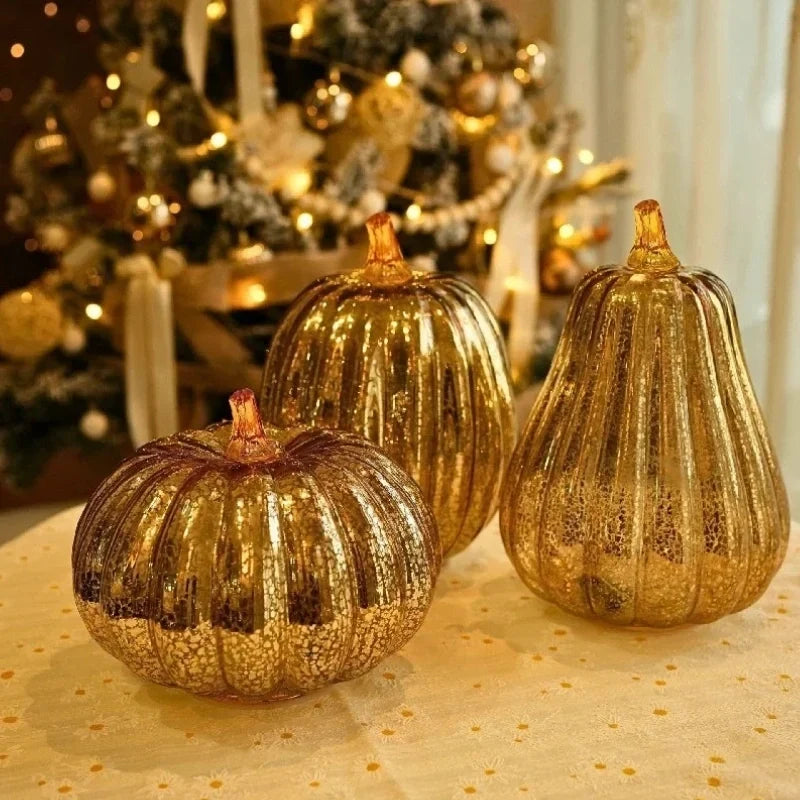 Hand-Blown Glass Pumpkin Lamp 'PumpLight' - Mercury Glass LED Table Light with Timer - Battery Operated