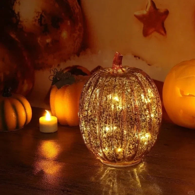 Hand-Blown Glass Pumpkin Lamp 'PumpLight' - Mercury Glass LED Table Light with Timer - Battery Operated