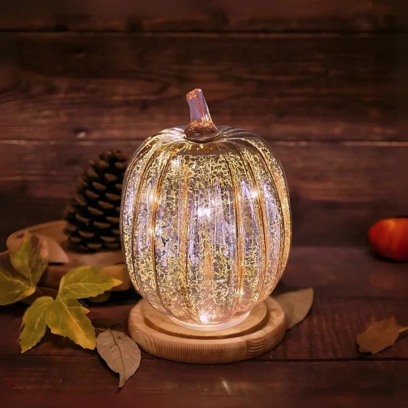 Hand-Blown Glass Pumpkin Lamp 'PumpLight' - Mercury Glass LED Table Light with Timer - Battery Operated
