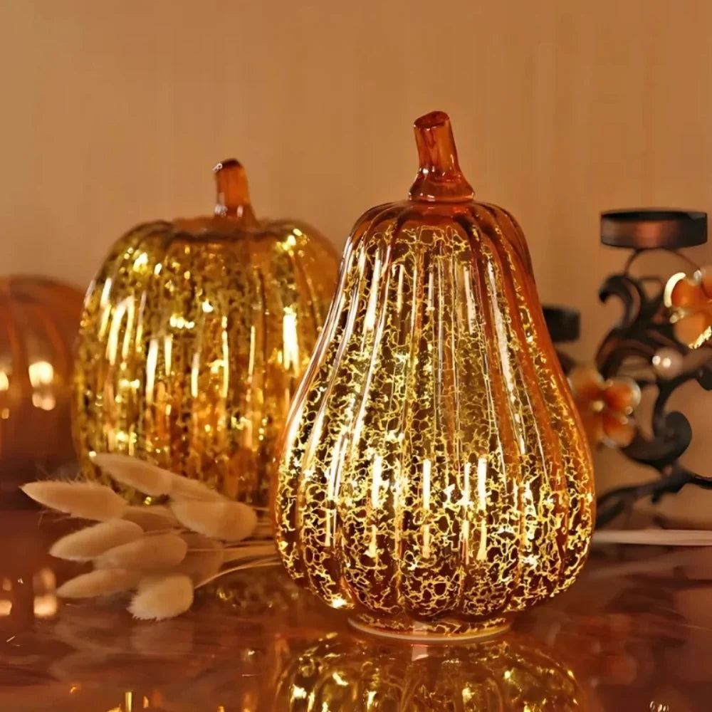 Hand-Blown Glass Pumpkin Lamp 'PumpLight' - Mercury Glass LED Table Light with Timer - Battery Operated