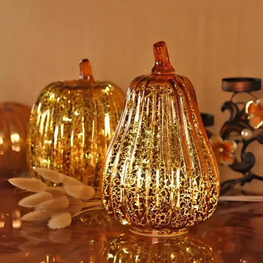 Hand-Blown Glass Pumpkin Lamp 'PumpLight' - Mercury Glass LED Table Light with Timer - Battery Operated