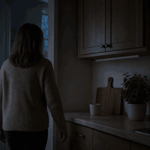 Woman enters the dark kitchen and the LazyStick under cabinet light switches on automatically via motion sensor