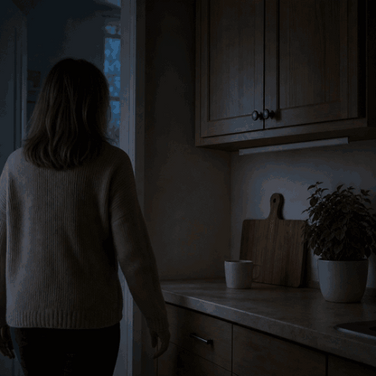 Woman enters the dark kitchen and the LazyStick under cabinet light switches on automatically via motion sensor
