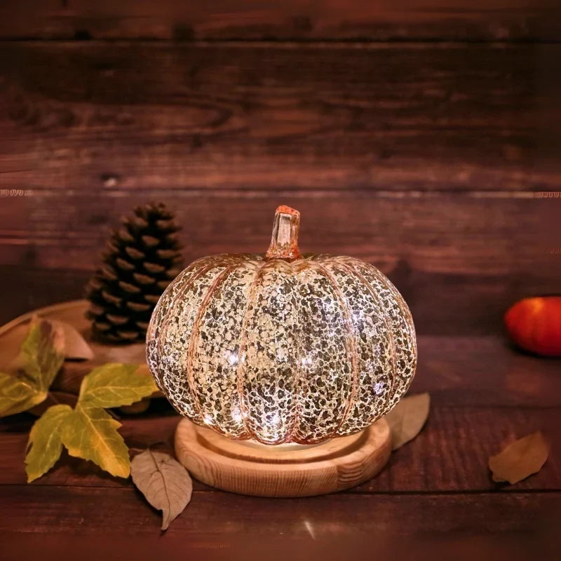Hand-Blown Glass Pumpkin Lamp 'PumpLight' - Mercury Glass LED Table Light with Timer - Battery Operated