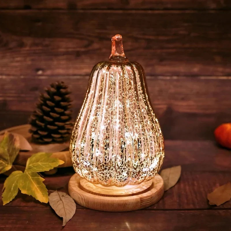 Hand-Blown Glass Pumpkin Lamp 'PumpLight' - Mercury Glass LED Table Light with Timer - Battery Operated
