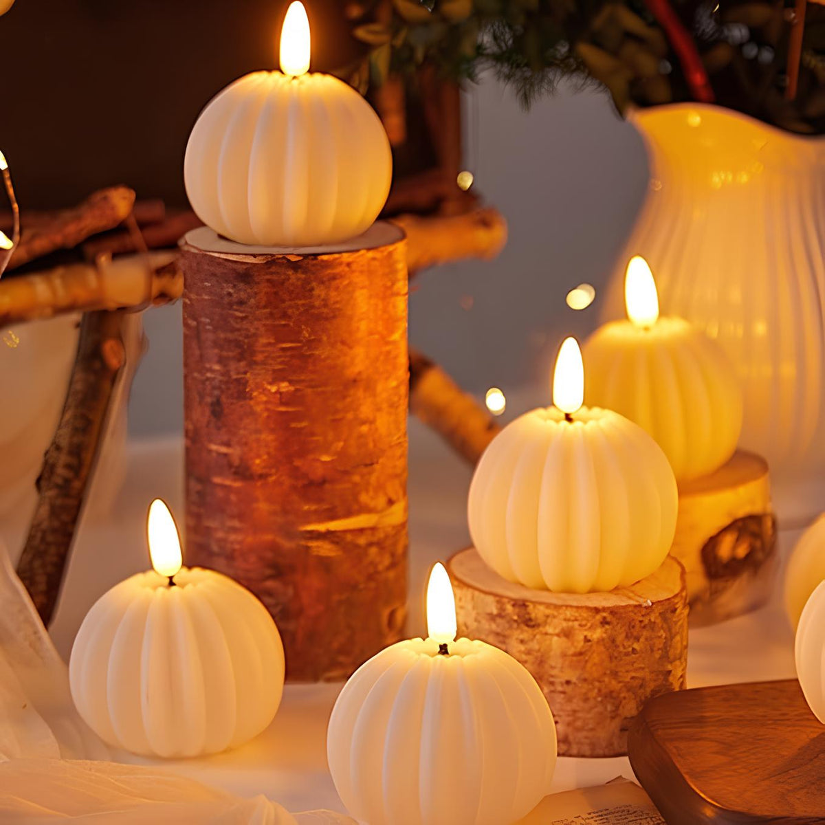 Flameless LED Candles Set 'CandleDream' - Realistic Flickering Battery Pillar Candles - Pumpkin, Melting & Rope Designs
