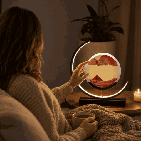 Woman turns the sand circle of the SandArt LED sand lamp, the sand flows and forms a new landscape