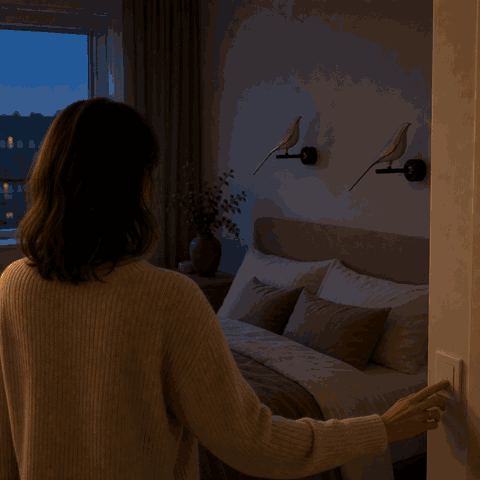 Woman switches on two Avia bird wall lights in the bedroom