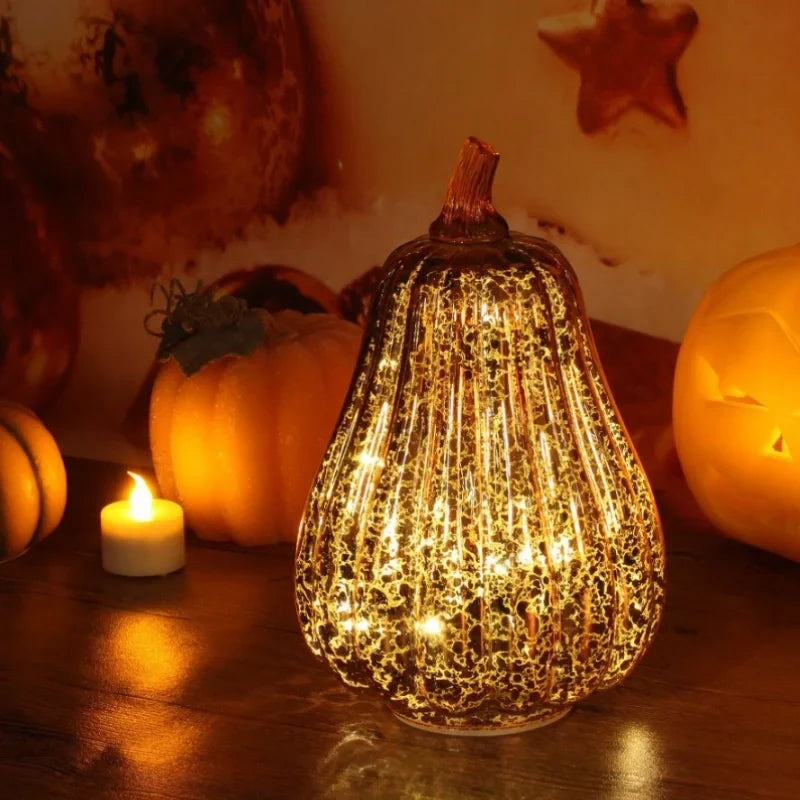 Hand-Blown Glass Pumpkin Lamp 'PumpLight' - Mercury Glass LED Table Light with Timer - Battery Operated