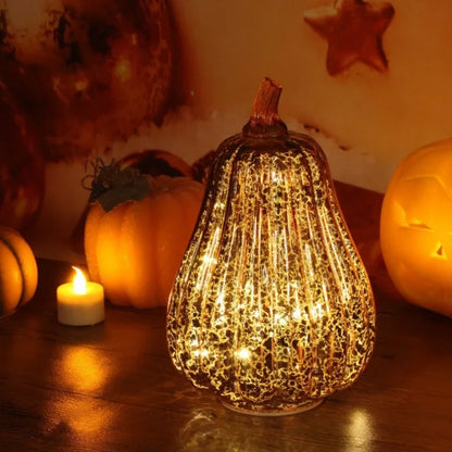 Hand-Blown Glass Pumpkin Lamp 'PumpLight' - Mercury Glass LED Table Light with Timer - Battery Operated