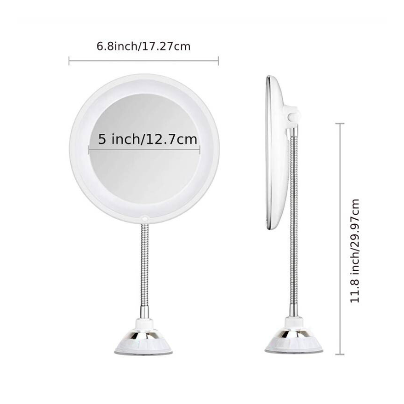LED makeup mirror dimensions: 17.3 cm, 12.7 cm mirror, 30 cm height
