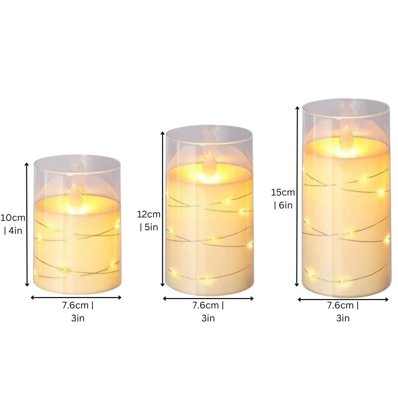 LED glass candle sizes: 10, 12 and 15 cm high, 7.6 cm diameter