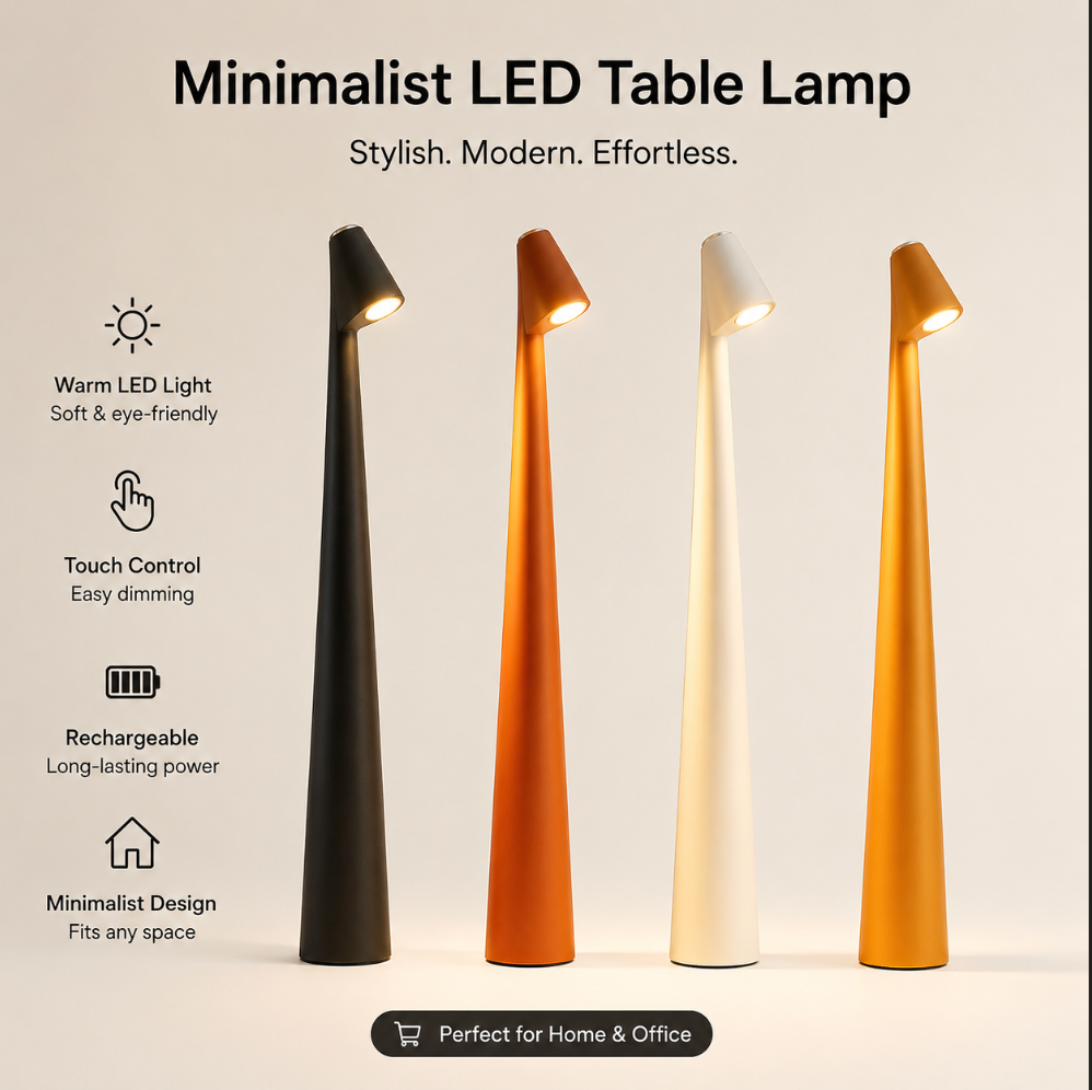LED Table Lamp 'NordicElegance' – Cordless Rechargeable Bedside Light, 3-Way Dimmable Touch Desk & Reading Lamp
