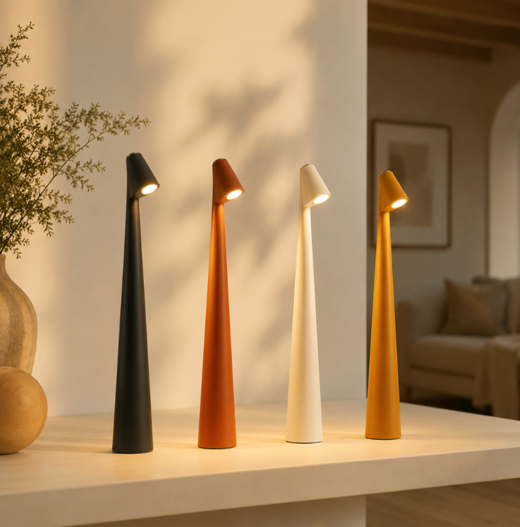 LumiNord cordless table lamps in black, orange, white and brown on a shelf