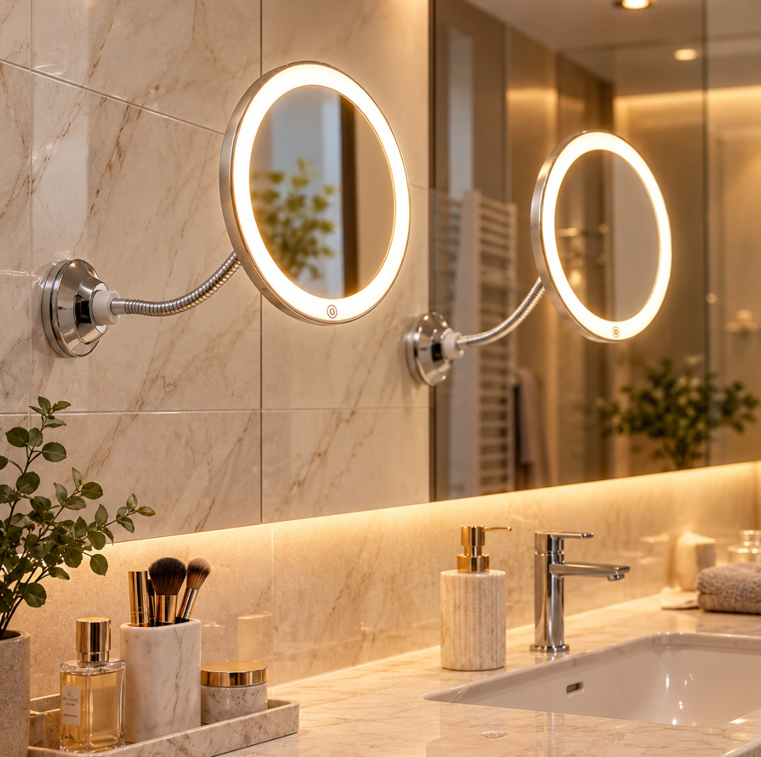 Two LED makeup mirrors with flexible arm on the bathroom mirror