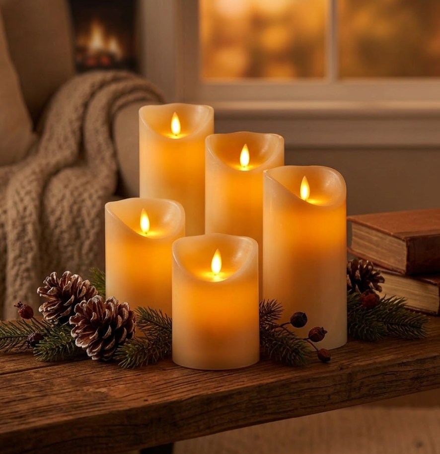 LED Candles with Moving Flame, Realistic Flickering Flameless Pillar Candles, Battery Operated and Safe for Living Room, Bedroom, Autumn and Christmas Decor