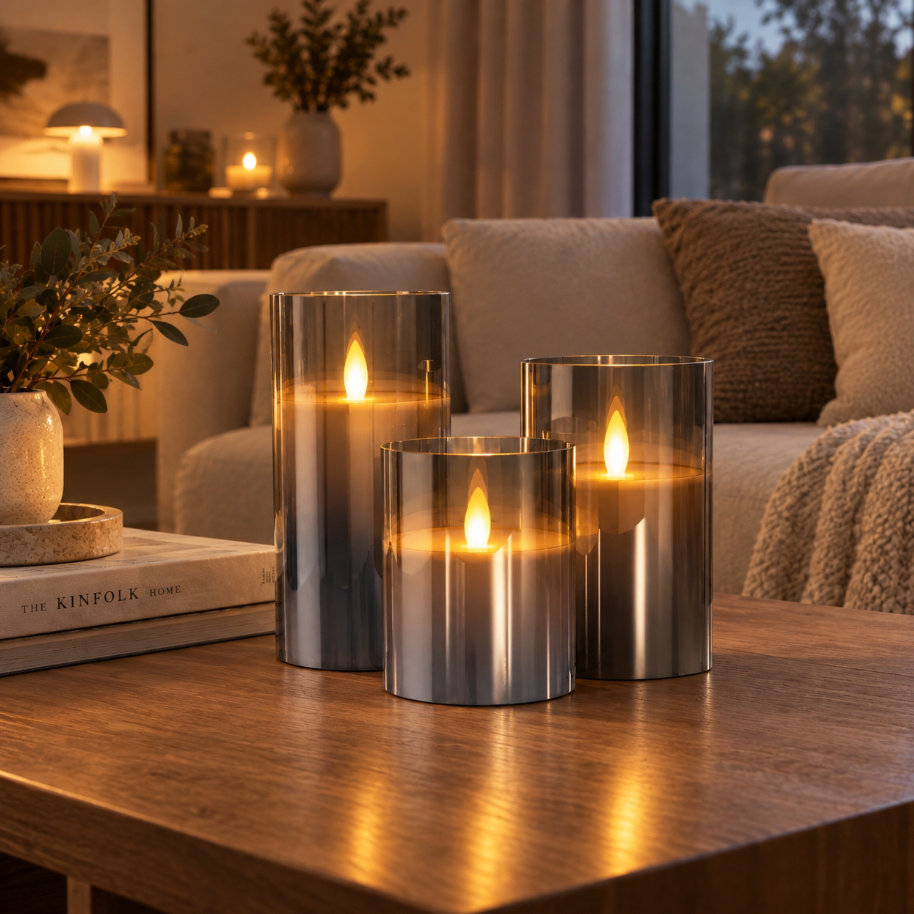 Grey LED glass candle set in the living room
