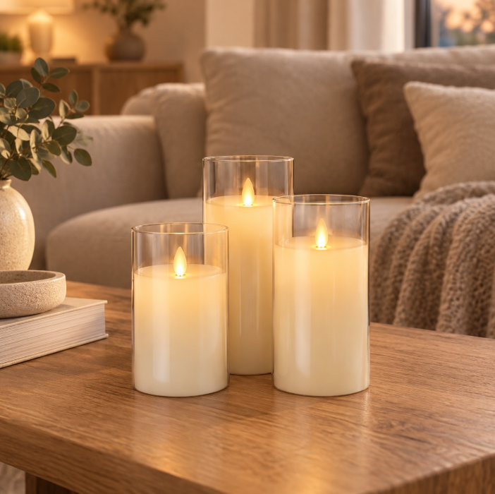 Clear LED glass candle set in the living room