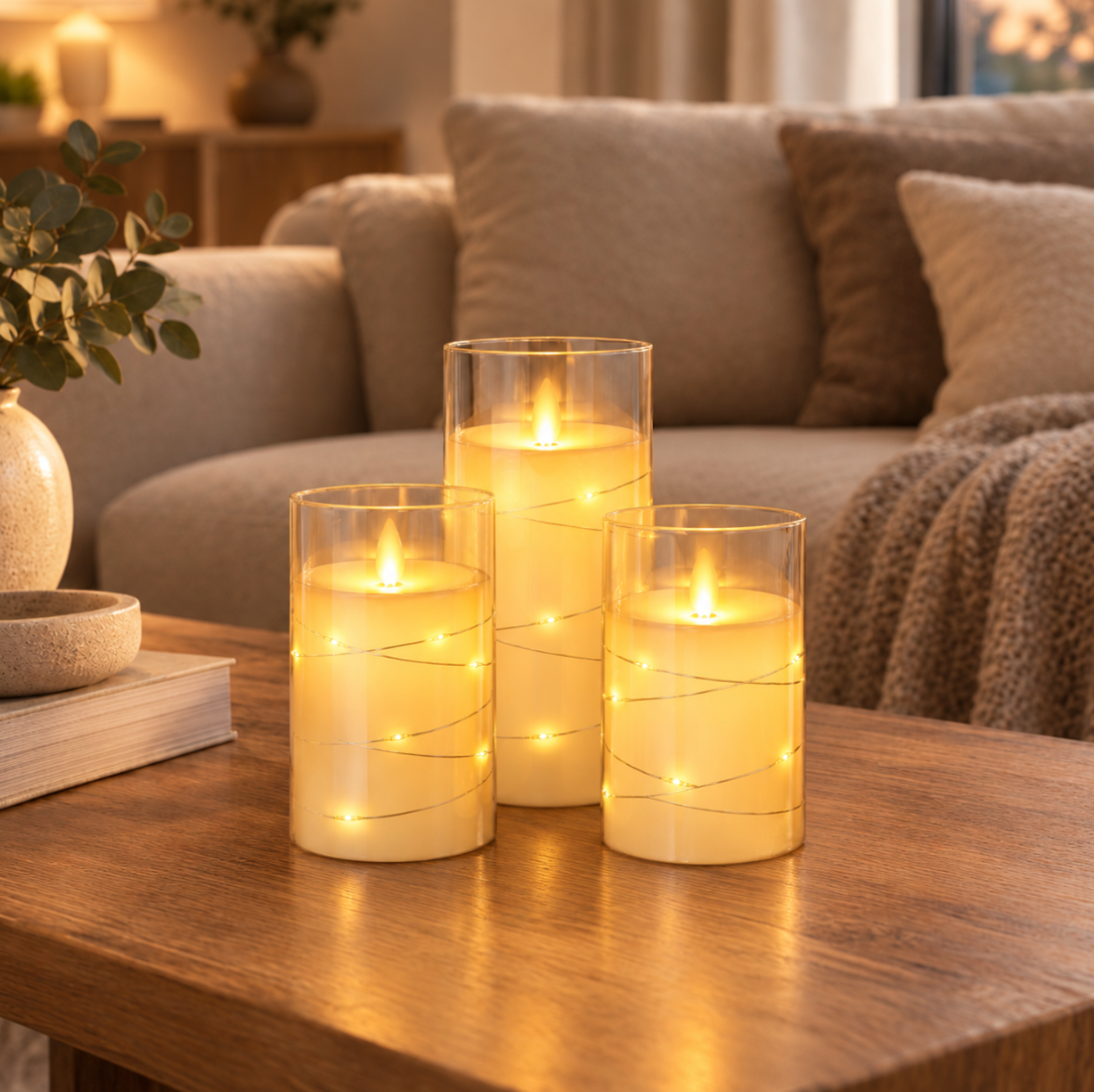 LED Candle Set with Warm White Fairy Lights, Timer and Remote Control, Flameless Glass Candles with Realistic Flame for Living Room, Lanterns and Christmas
