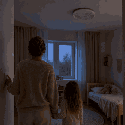 Mother switches on the Luna moon ceiling light in the kids room