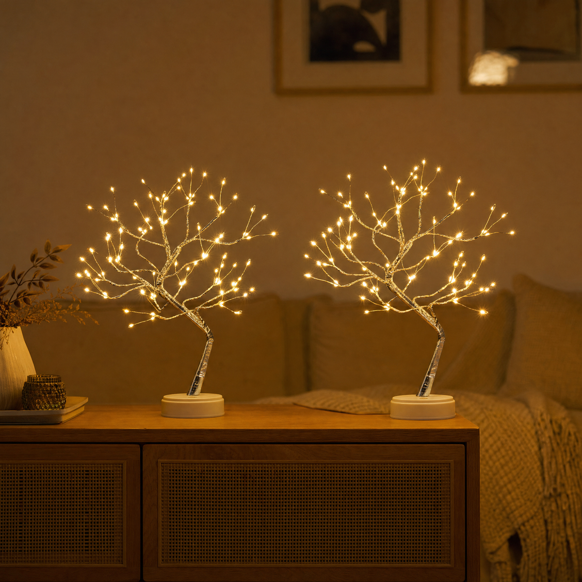 Two LED light tree table lamps on the sideboard in the living room