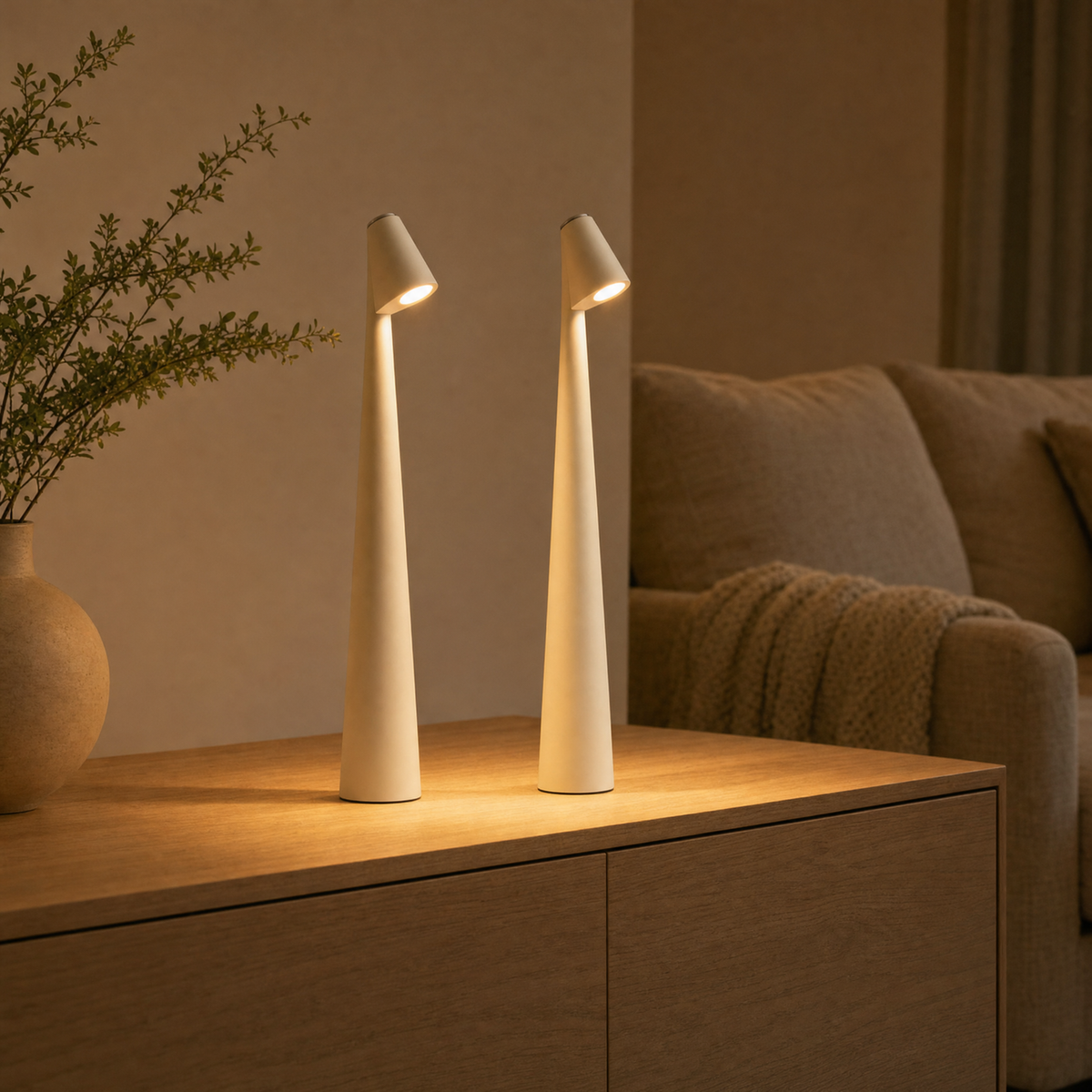 Two white cordless LED table lamps LumiNord on a sideboard in the living room