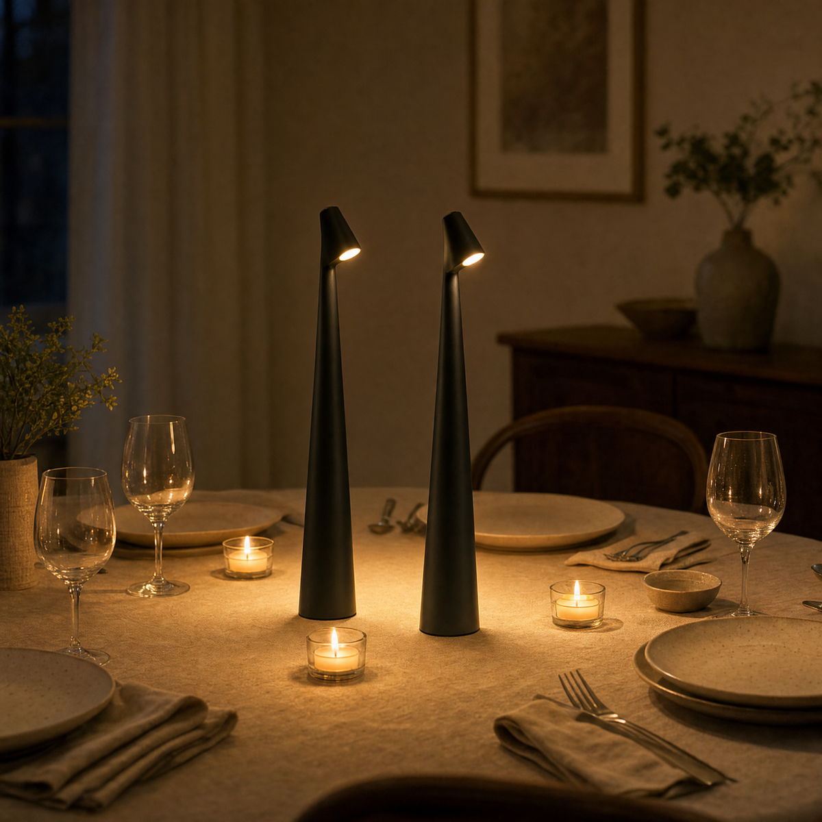 Two black cordless LED table lamps LumiNord on a set dining table with candlelight
